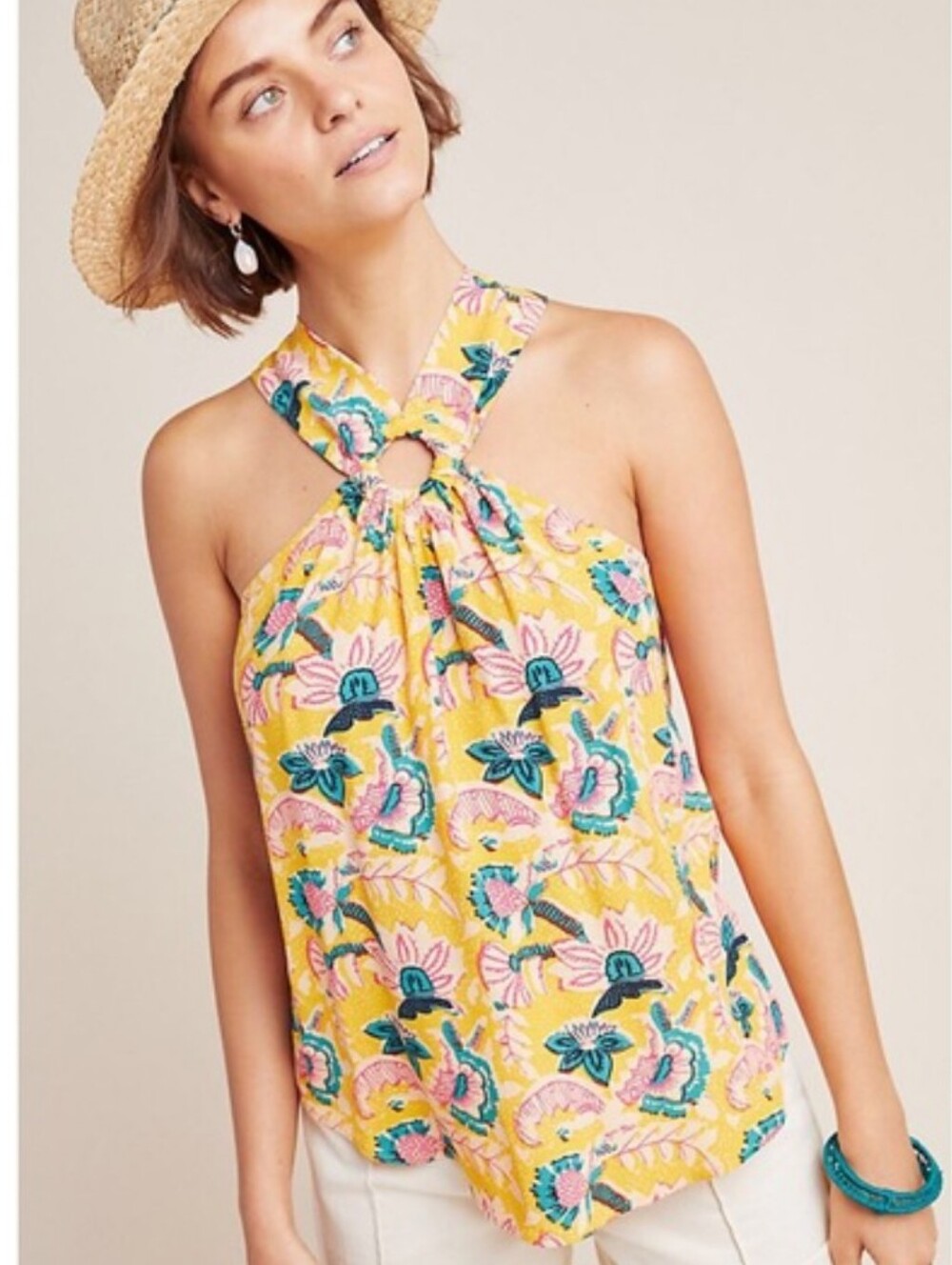 253.Anthropologie Maeve Yellow Floral Racerback Tank with Pink & Teal Accents